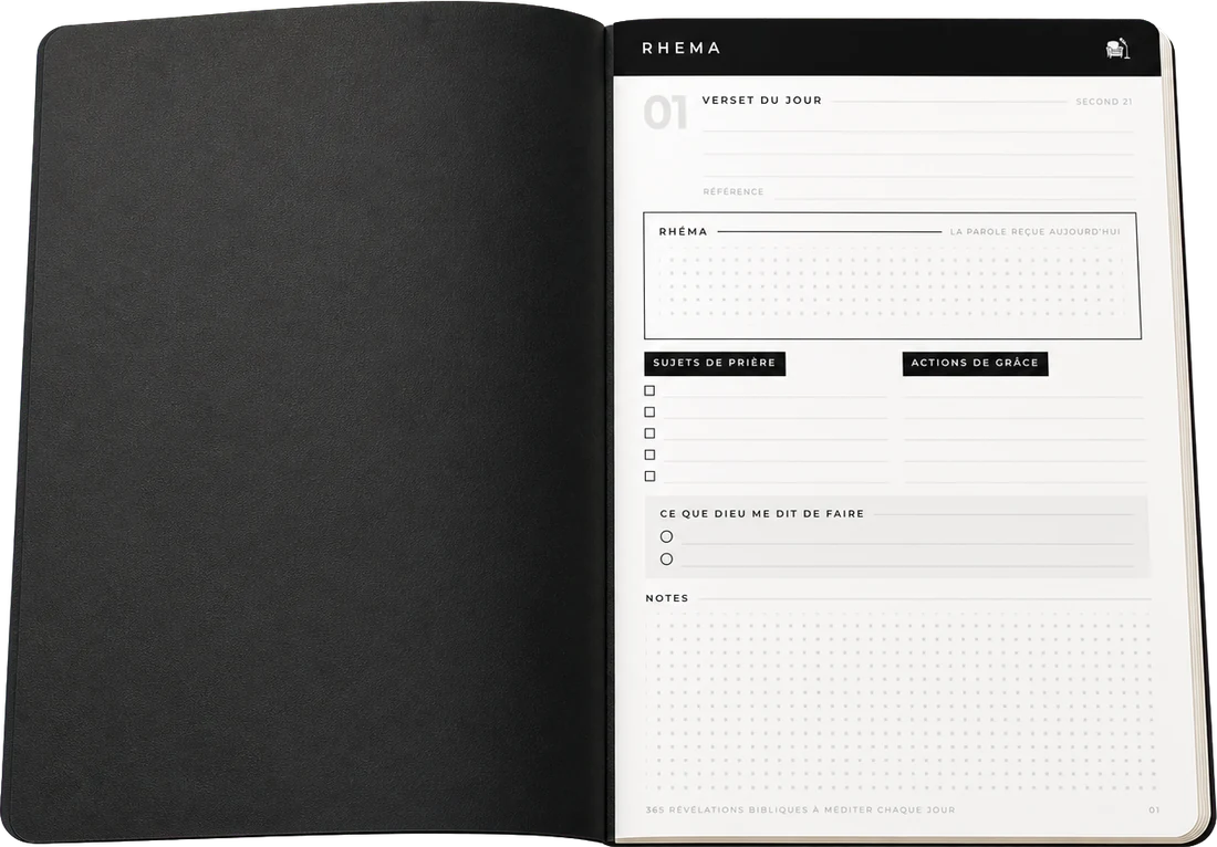 Le carnet RHEMA ouvert : verset du jour, rhéma, sujets de prière, actions de grâce, ce que Dieu me dit de faire, notes